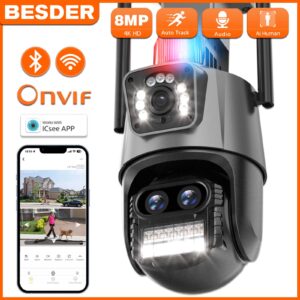 BESDER 9MP 4K PTZ Wifi Camera Three Lens with Dual Screen Multiple Ai Human Detect Wireless Outdoor Surveillance CCTV Camera