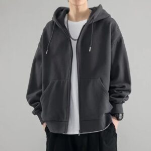 High Street Hoodie Men Retro Zip Up Long Sleeve Loose Jacket Coats Harajuku Casual Gothic Hooded Sweatshirt Y2K Streetwear