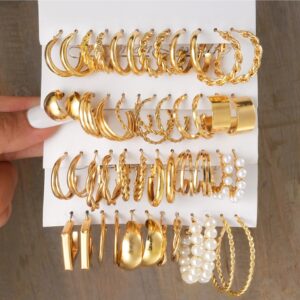 Enacolor 24 Pairs Retro Twists Metal Geometric Shaped Square Pearl Earrings Set for Accessories Jewelry New Ins 2024