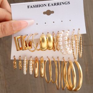 Enacolor 24Pcs Korean Retro Golden Metal Dangle Earrings Set for Jewelry Accessories Gifts