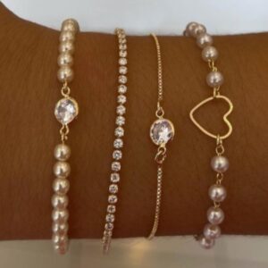 Enacolor 4Pcs/Set Luxury Zircon Peach Heart Pearl Bracelets Set for Women Multilayer Accessories Jewelry Party New