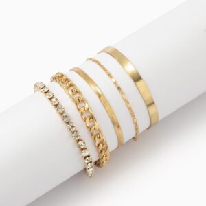 Enacolor 5Pcs/Set Golden Metal Geometric Zircon Bracelets Set for Women Girl Accessories New 2024
