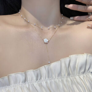 Enacolor Double Camellia Necklace Pearl Fringe Clavicle Chain for Women Ins Girl Accessories New