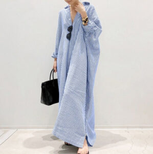 Plus Size New Women’s Gown Fashion Stripe Single Breasted Shirt Loose Casual Style Elegant Women’s Cotton Hemp Long Dress