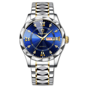 BINBOND Authentic Men’s Watch Waterproof Night Glow Double Calendar Watch Men’s Quartz Watch Diamond Pointed Glass