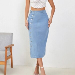 Women Side Single-breasted Splicing Half-body Dress Elegant Office Commuter Casual High Waist Female Daily Wrap Hip Denim Skirt