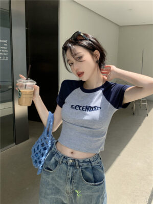 2024 Y2K Style Short Sleeve Crop Tops O-Neck Grunge Hip-Hop Streetwear Casual T-shirts Women Clothes Fashion Woman
