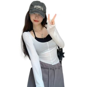Women’s Camisole Top Two Piece Set Short Camisole with Slim Long Sleeves T-shirt in Summer