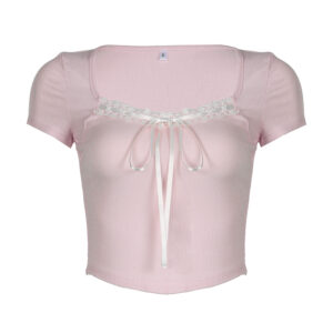 CIBBAR Cute Bow Bandage Cropped Top Kawaii y2k Sweet Coquette T-shirt Summer Casual Square Collar Tees Women Vintage 2000s Shirt