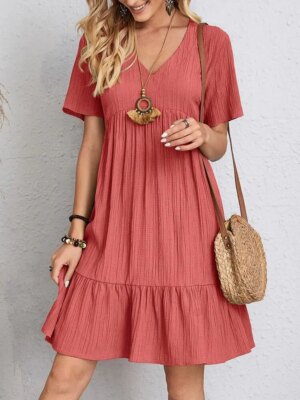 Elegant Solid V Neck A Line Dress 2024 New Summer Ruffles Loose Mini Dress Casual Short Sleeve Beach Party Vestidos Streetwear