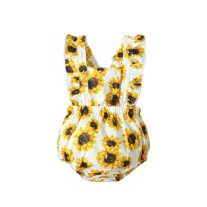 Baby Girls Sunflower Print Ruffle Trim Square Neck Crisscross Back Bodysuit Infant Newborn Fashion Summer Clothing