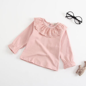 Spring And Autumn Newborn Infant Baby Girls Solid Color Lace Lapel Muslin Long Sleeved Top Shirt Kids Fashion Baby Clothing