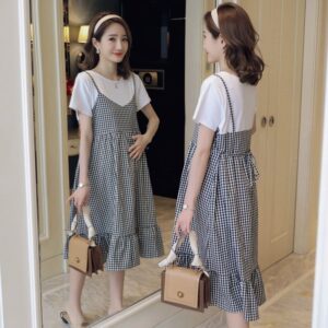 New Maternity Dress Summer Short-Sleeved Plaid Korean Version Of Loose Large Size False Two-Piece Maternity Skirt Summer Clothin