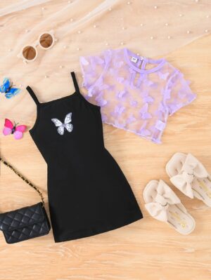 Baby Girl Summer Black Strap Butterfly Dress Short sleeved Pullover Top