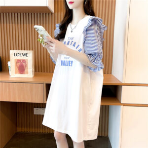 Spring and Summer Maternity Wear Mid-Length Splicing Striped Dress Ruffle Sleeve T-Shirt Female Lazy Wind Short-Sleeved Dresses