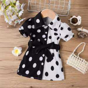 Infant and toddler girls summer style lapel single breasted polka dot printed waistband short sleeved dress