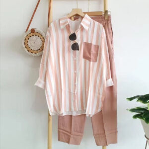 Striped Long Sleeved Shirt And Blouses Loose Top Sets Solid Wide Leg Straight Harem Pants Trousers Casual 2-Pieces Suits Women