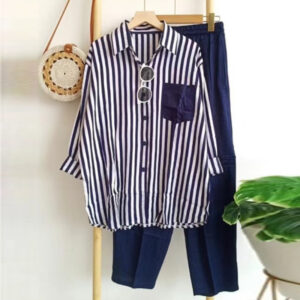 Striped Long Sleeved Shirt And Blouses Loose Top Sets Solid Wide Leg Straight Harem Pants Trousers Casual 2-Pieces Suits Women