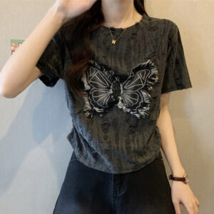 Women Baggy Hole Designer Tops Lady Butterfly Pattern Short Sleeve T Shirts Girls Summer Cotton Cutecore Vintage y2k Clothes