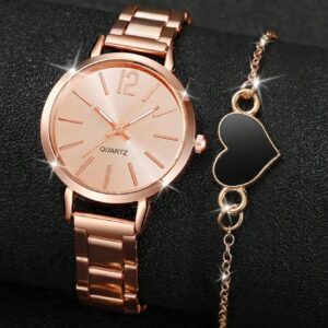 1 stylish and trendy women’s stainless steel strap quartz watch with 1 love bracelet suitable for daily decoration