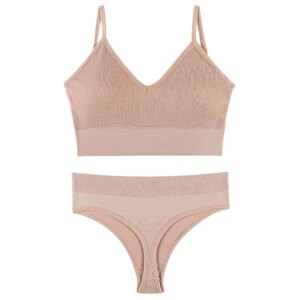 Women Seamless Bra Set Sexy Thong Low Waist Panties Wire Free Bra Bralette Lingerie Brassiere Cotton Female Underwear Set