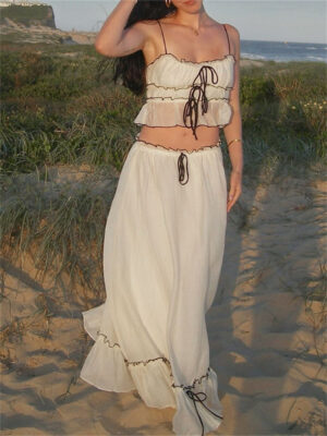 WhereMery Elegant Summer New Two Piece Y2K Aesthetic Lace One Line Neck Pleated Suspended Tank Top and Loose Beach Skirt Set