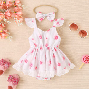 2PCS Summer 0-2 Years Old Baby Girl Baby Soft Comfortable Cool Beautiful Pink Flower Print Skirt Ha Dress