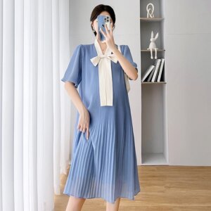 Summer Korean Fashion Chiffon Maternity Dress Elegant Sweet Loose Clothes for Pregnant Women Ins Ruffle Bow Pregnancy Clothing