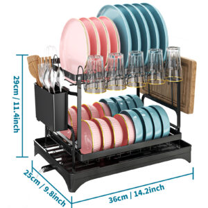 Multipurpose 2-Tier Dish drying Rack for Kitchen countertop with Cups rack,Utensil Holder,Cutting Board,Space-Saving,Black White