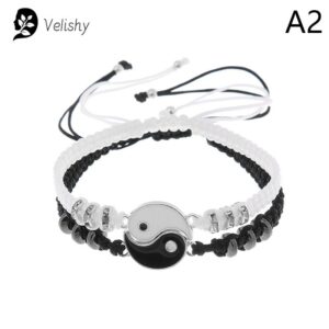 2Pcs Tai Chi Yin Yang Couple Bracelets Necklaces Set Pendant Adjustable Braid Chain Bracelet Matching Lover Bracelets Choker