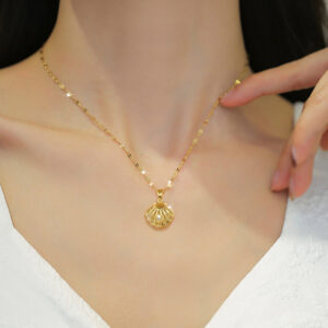Necklace for Women Titanium Steel Light Luxury Full Diamond Micro-inlaid Zircon Wisp Empty Shell Pearl Necklace
