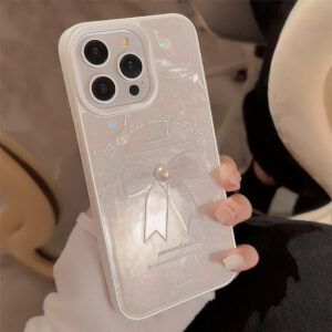Cute White Bow Phone Case For iPhone 15 14 13 12 11 Pro Max Hanging Silicone Shockproof Bumper Cover 3D Three-dimensional Pearl