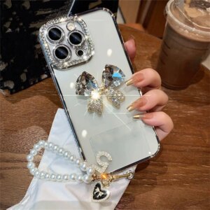 Luxury Plating Border 3D Diamond Bow Pearl Chain Case For iPhone 15 14 13 12 11 Pro Max X XS XR Shockproof Back Cover