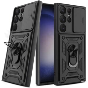 For Samsung Galaxy S24 23 22 Ultra 21 20 FE Puls NOTE 20 ULTRA Camera Lens Cover Phone Case with Ring Stand Armor rotate Cover