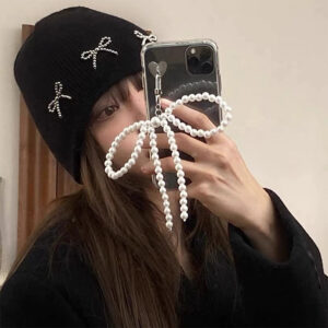 Delicate Beaded Phone Charm Key Chain Handmade Pearl Bow Shaped Keyring Keychain Ornament For Bags Phone Charms Pendant