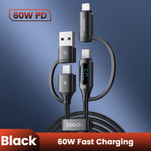 Toocki 4 in 1 USB and Type C Cable to USB C and iP Data Cord PD60W LED Display Fast Charging USB A Wire for iPhone Xiaomi Tablet