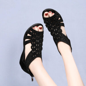 2023 Summer New Roman Mother Rhinestone Peep Toe Mid Heel Women’s Wedge Open Toe Middle-Aged Sandals Women’s One Piece Dropshipping