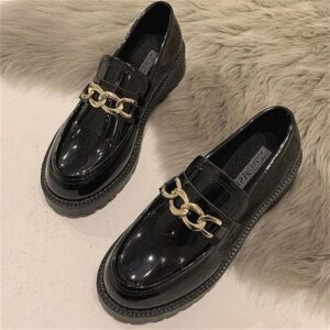 Small leather shoes Women’s British Style 2021 new all-match high heel loafers Black Spring and Autumn flat retro single-layer shoes Spring