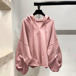 Cross-border Sweater Women’s Spring and Autumn Thin Hooded Solid Color V-neck Women’s Loose Large Size Korean-style Hooded Sweatshirt Women’s Trendy
