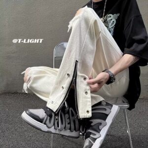 2023 American street washed distressed ripped jeans men’s spring and autumn straight loose European and American high street pants fashion