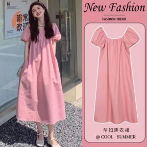 2023 Pregnant Women’s Summer Dress High-end Temperament Short-sleeved Over-the-knee Mid-length New Pregnancy Large-size Summer Dress