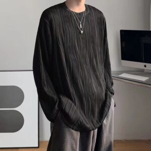 White pleated long-sleeved T-shirt men’s loose fashionable undershirt cold style men’s couple’s fleece-lined top clothes