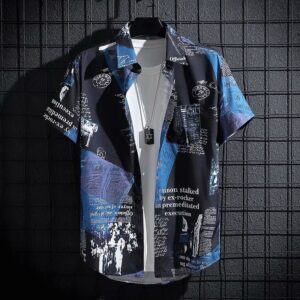 Summer Short-sleeved Shirt Men’s Thin Graffiti Newspaper Printed Hong Kong-style Trendy Top Clothes Duffy Handsome Loose Half-sleeved Shirt