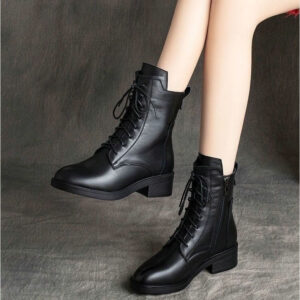 New Korean style versatile British style soft leather Martin boots Women’s Mid Heel fleece-lined women’s boots Internet celebrity small boots wholesale