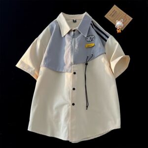 Fake two-piece short-sleeved shirt men’s fashion brand summer design shirt casual loose American Retro Coat