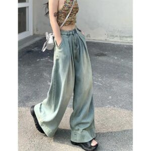 Vintage Wide-Leg Jeans Women’s Summer Pear-Shaped Body-Wearing Loose Meat-Covering Slimming Hanging Flatted Trousers
