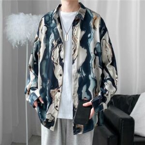 Hong Kong style silk satin flower shirt men’s fashion handsome smooth vertical loose long sleeve retro loose printed oil painting shirt
