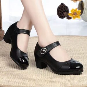 Wholesale Spring and Autumn New Leather Shoes round Toe Soft Bottom Low-Cut Middle-Aged Mom Shoes Word Buckled Chunky Heel Shoes for Women 41