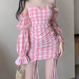 One-character Collar Pink Sweet Plaid Dress Fairy New Summer Slimming Retro Short Dress Long-sleeved One-step Dress