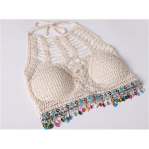Bohemian Ethnic-style Neck Vest with Lace-up Hollow Strapless Embroidered Knitted Short Women’s Top